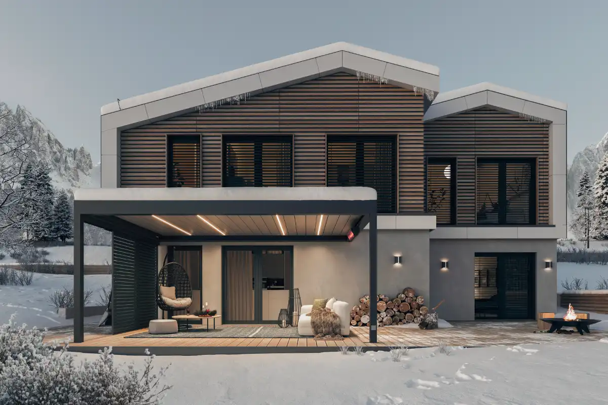 Moderne Villa im Winter mit Lamellendach, das mit Heizstrahler und LED Beleuchtung ausgestattet ist