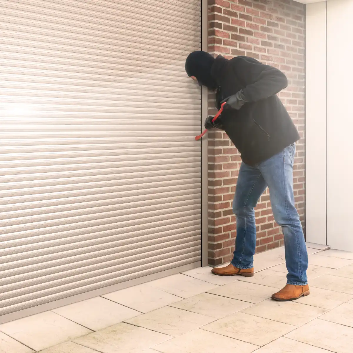 Einbrecher versucht, ein Garagentor zu öffnen