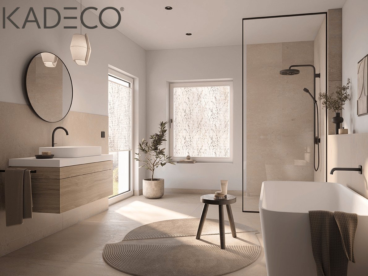 Ein Plissee von KADECO mit filigranem Blattmuster dient als optisches Highlight