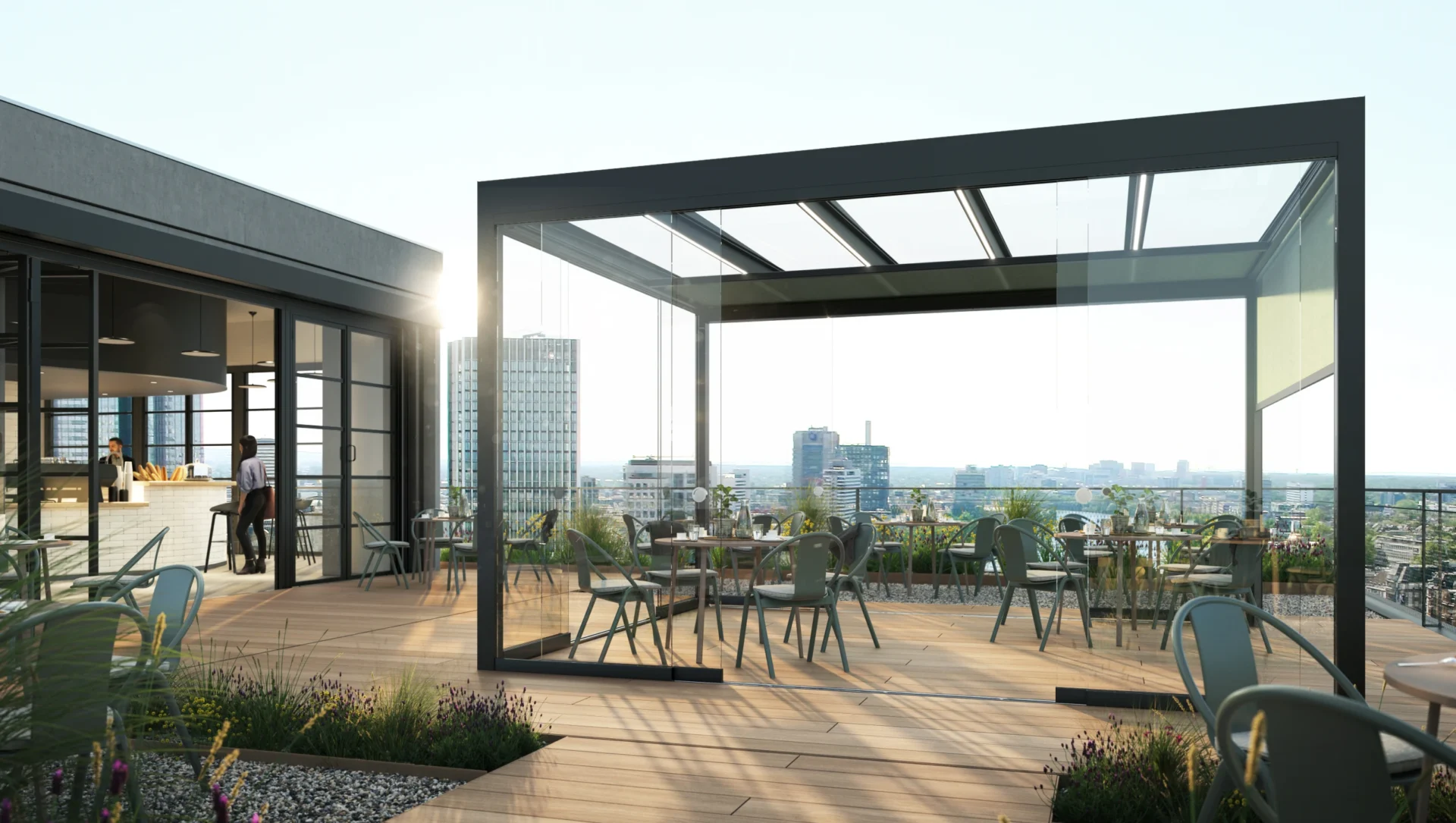 Moderne Dachterrasse mit Glasüberdachung und stilvollen Sitzgelegenheiten