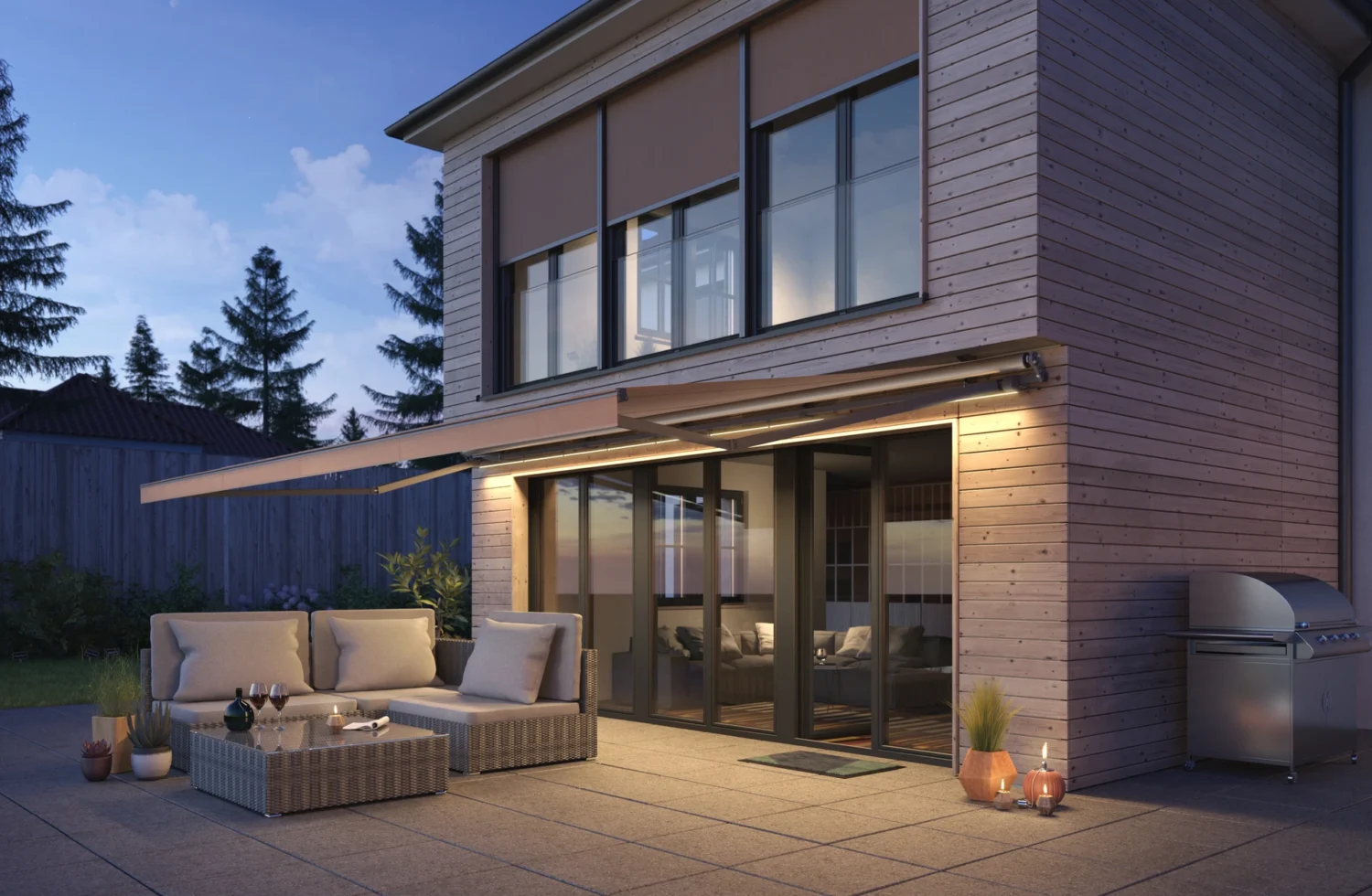 Moderne Terrasse mit gemütlichen Sitzgelegenheiten und Grill bei Sonnenuntergang